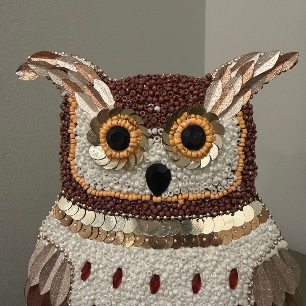 Rachel Zoe Beaded Sequin Owl Figurine Gold White Brown 8.5 Inch Decor